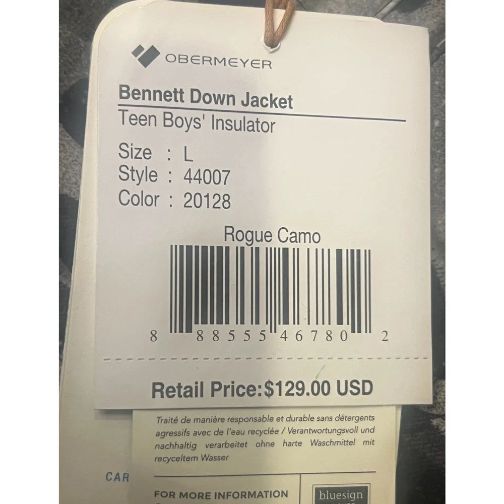 NEW OBERMEYER BOY'S BLACK ROGUE CAMO BENNETT DOWN JACKET COAT SZ LARGE L